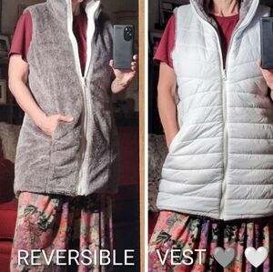 Women's Long Reversible White Quilted Or Gray Faux Fur Vest
